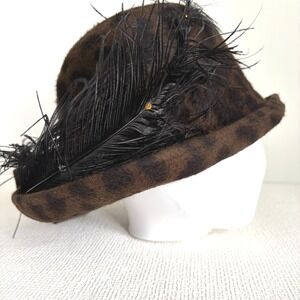 Retro Formal B Michael New York Cloche Hat Leopard Print Feather Bow Brown OS